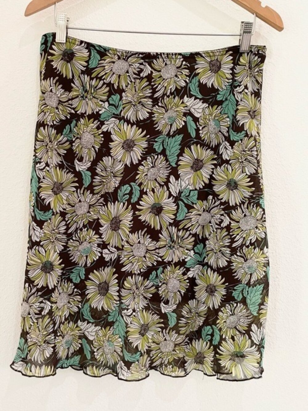 Vintage Floral Mesh Y2K Mini Skirt Brown Yellow Boho Dainty Flowy Stretch